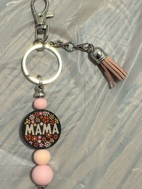 Pink 'MAMA' Floral Beaded Keychain with Tassel